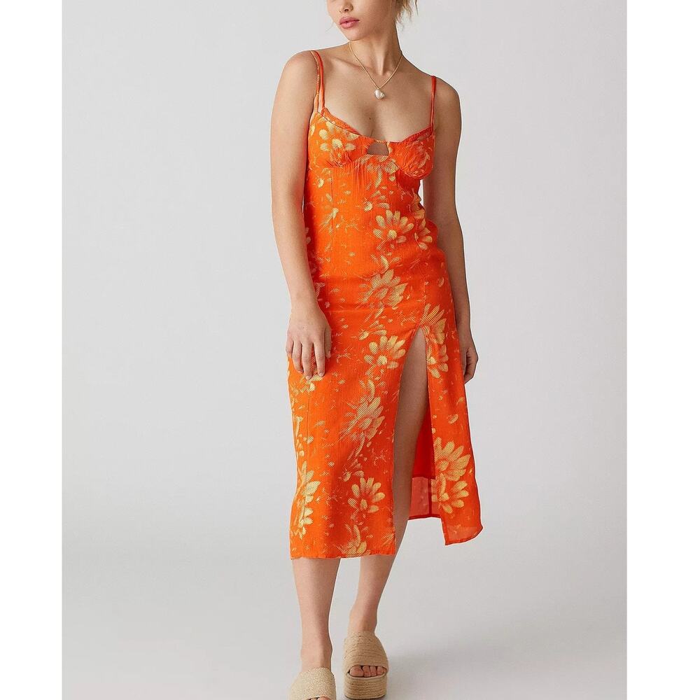 UO Urban Outfitters Dara Lace Trim Midi Dress XS Orange Floral Shirred High Slit